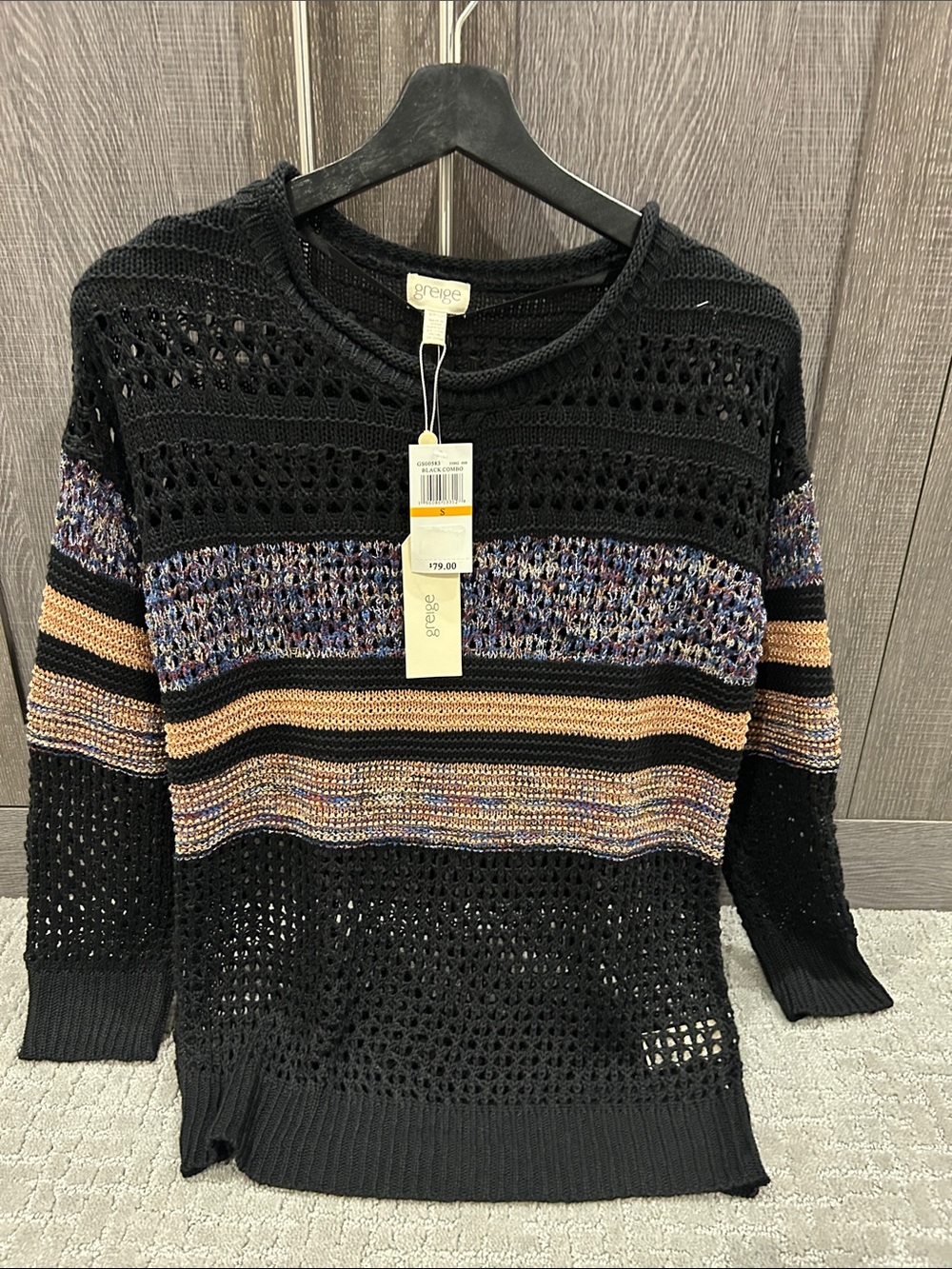 Greige Black Open-Knit Crewneck Sweater with Multicolor & Tan Stripes